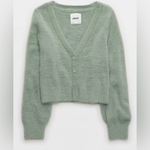 aerie Sweaters - Aerie Sprout Green Fuzzy Cropped Button Up Cardigan Women's‎ Large New With Tags